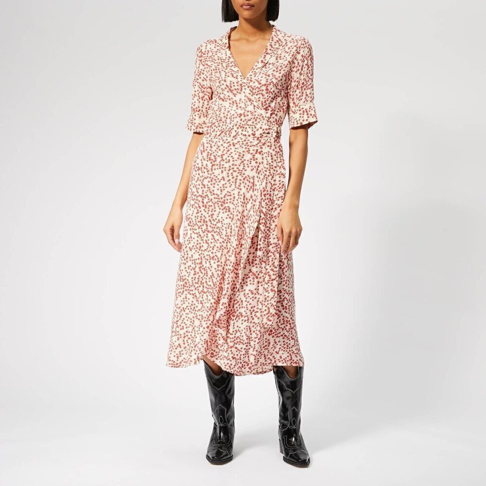 GANNI Goldstone Printed Crepe Wrap Dress 34